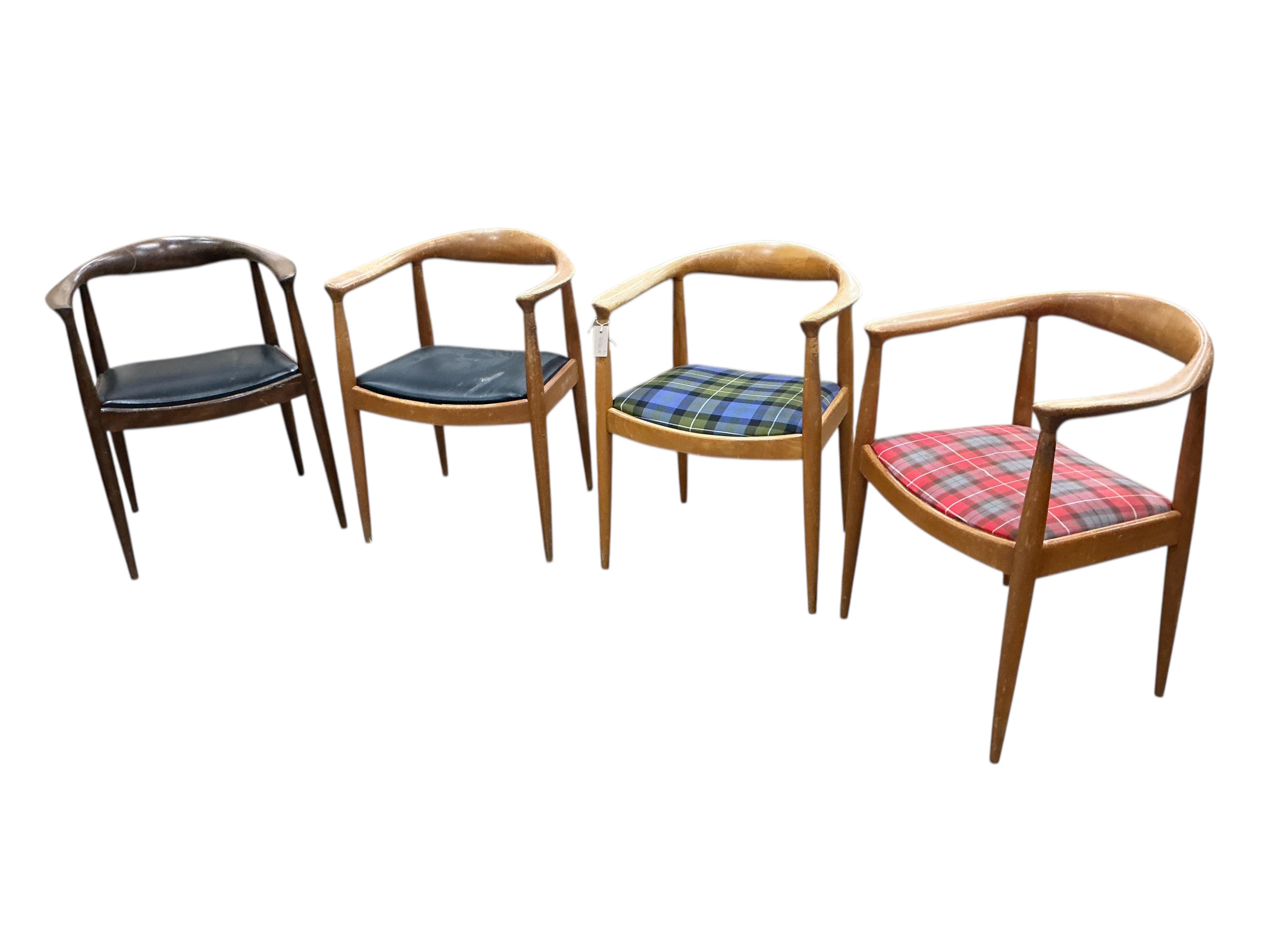A set of four mid century teak Wegner design elbow chairs, width 59cm, depth 44cm, height 75cm